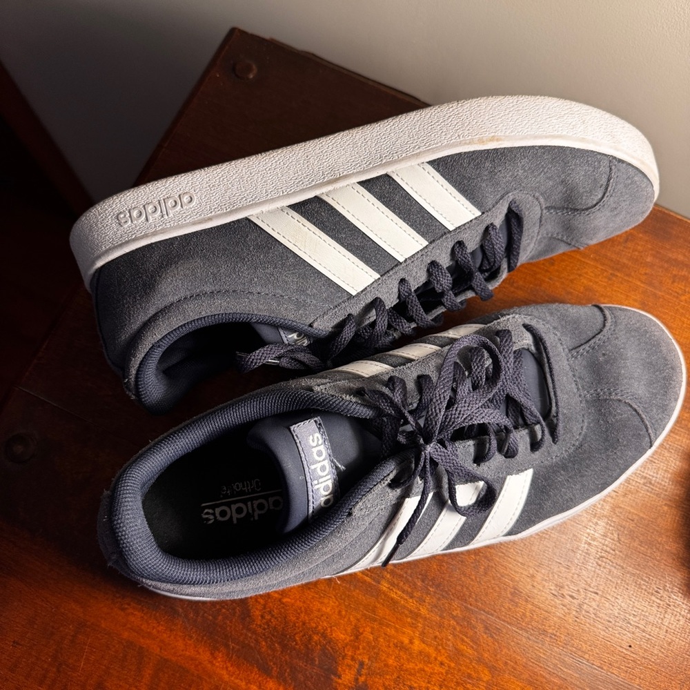 adidas Women’s Gray Suede Sneakers with White Stripes